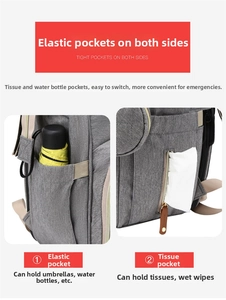 Detail of diaper bag showing elastic side pocket for bottles and a tissue dispenser pocket