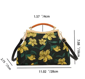 Size chart for Chinese style fabric handbag showing height, width and handle measurements