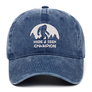Navy washed denim baseball cap with embroidered Bigfoot Hide & Seek Champion graphic
