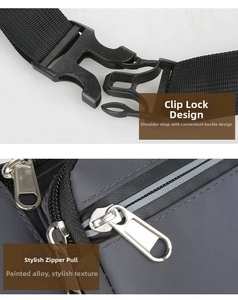 Detail of durable grey waist bag with plastic buckle and metallic lacquer zippers