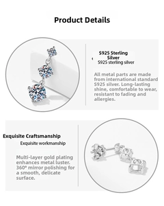 Detail of S925 silver earrings with triple moissanite stones and mirror polish finish