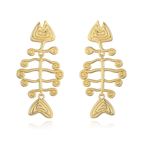 Golden fishbone drop earrings with spiral texture and unique skeleton design in polished metal