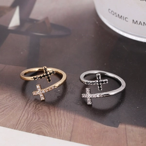 Double Cross Open Ring Copper Zircon Rhinestone Inlaid Adjustable Vintage Minimalist Chic Jewelry For Women