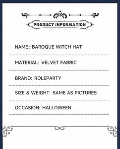 Baroque witch hat product specifications with velvet fabric material and size details