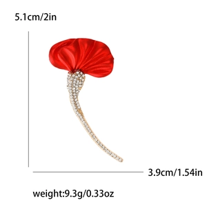 Elegant red fabric flower brooch with gold ginkgo leaf and rhinestones, size 5.1x3.9cm