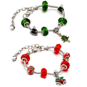Christmas beaded bracelet with crystal charms and festive enamel tree bell pendants