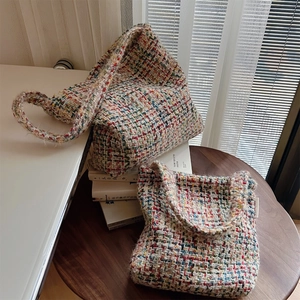 Colorful Woven Shoulder Bag Knit Cotton Tweed Underarm Crossbody Purse Bohemian Retro Versatile For Women