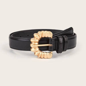 Classic black leather belt for women featuring a unique gold-tone metal buckle on solid background