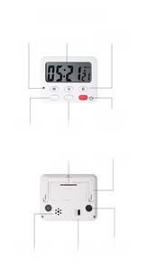 Dual view of kitchen timer with LCD screen, magnetic back, and functional buttons