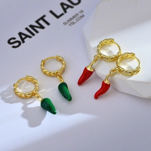 Pair of gold plated chili pepper hoop earrings with red and green enamel charms