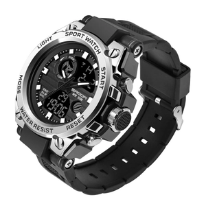 SANDA dual-display men's sports watch with waterproof silver bezel and black resin strap