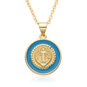 Religious necklace with gold embossed Virgin Mary pendant and blue enamel inlay finish