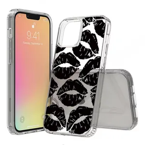 Detailed views of a clear iPhone case featuring a stylish black lip pattern and full edge protection