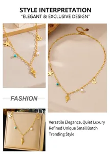 Detail of golden nautical necklace with starfish, anchor, turquoise and pearl charms