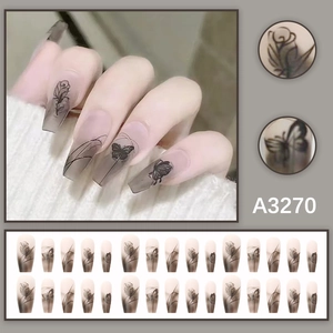 Smoky grey gradient press-on nails with black rose and butterfly ink line designs