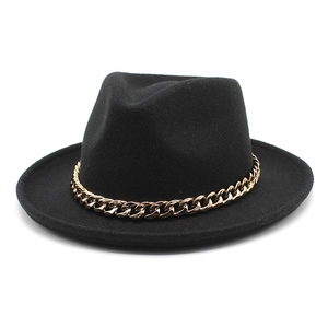 Classic black felt fedora hat featuring a thick gold metal cuban chain accessory