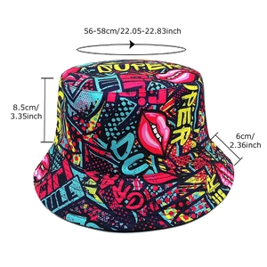 Graffiti bucket hat with pop art lips pattern and detailed size measurements