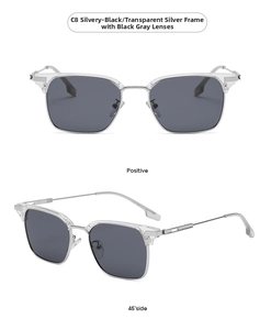Dettaglio occhiali squadrati montatura argento trasparente con lenti grigio scuro stile C8