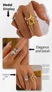 Vertical collage of gold and silver star rings shown on models in indoor natural light