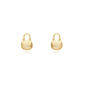 Detailed close-up of golden handbag-shaped stud earrings with quilted pattern and small diamond