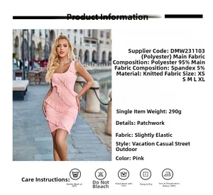 Pink one-shoulder knit dress details with ruffled trim and sizing chart information