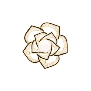 Exquisite French Camellia flower brooch with gold plating, black enamel and pearl center