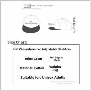 Size chart showing adjustable 54-61cm circumference and 7.5cm brim for cotton baseball cap