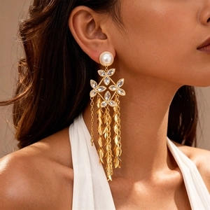 Vintage Floral Leaf Tassel Earrings With Artificial Pearl Crystal And 925 Sterling Silver Earring Post Elegant Palace Style Women