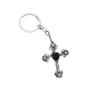 Gothic silver cross and rose keychain with a black heart-shaped gemstone center