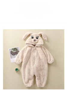 Detail of warm beige baby bunny fleece romper showing soft hood with long ears and front zipper