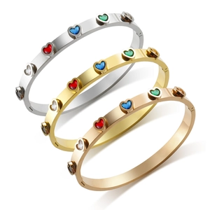 Polished stainless steel heart bracelets with colorful zircon in gold, silver and rose gold