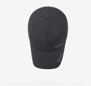 Top view of a black quick-dry sports baseball cap showing the brim and printed logo