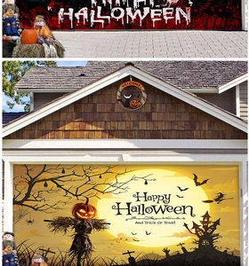 Halloween garage banner set with bloody text, festive pumpkins, and haunted castle themes