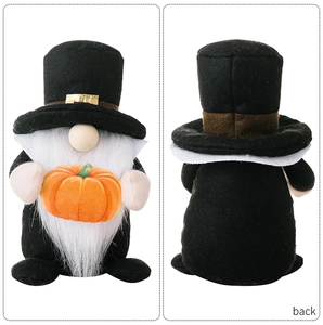 Front and back views of a Thanksgiving gnome doll with a tall black hat and orange pumpkin