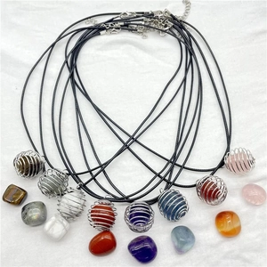 Natural crystal stone necklaces in silver spiral cages with black leather cord chain set