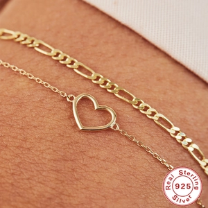 Minimalist S925 sterling silver gold plated hollow heart charm and figaro chain bracelet