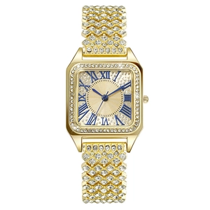 Elegante goldene Quarzuhr für Damen mit Strasssteinen und blauen römischen Ziffern im Zifferblatt
