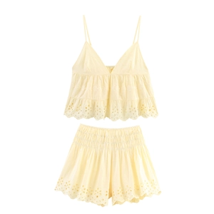Women Embroidered Eyelet Cotton Camisole Top And Scalloped Shorts Summer Casual Beachwear