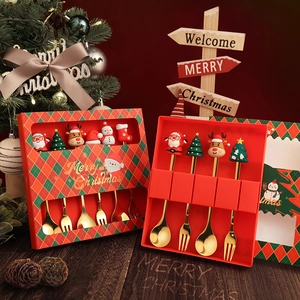 Christmas Stainless Steel Spoons And Forks Cartoon Santa Claus Reindeer Dessert Coffee Tableware Gift Box