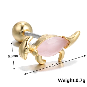 Detail view of gold dinosaur stud earring with pink gemstone and threaded screw back
