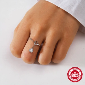 S925 sterling silver heart charm ring with cubic zirconia for women in white gold finish