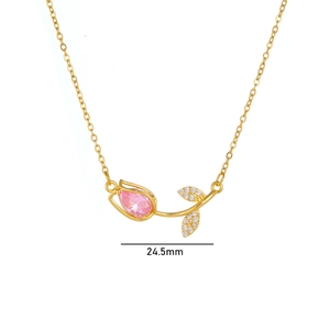 Titanium steel tulip pendant necklace with pink teardrop crystal and gold chain