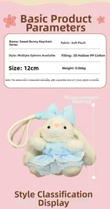 Detail of white plush rabbit pendant with blue lace dress and soft PP cotton filling