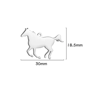 Silver horse pendant dimensions showing 30mm width and 18.5mm height on white background