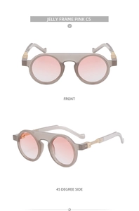Detailed front and side view of jelly grey round sunglasses with pink gradient lenses