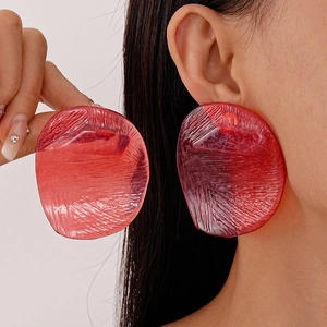 Chic red resin irregular round stud earrings for women with translucent texture