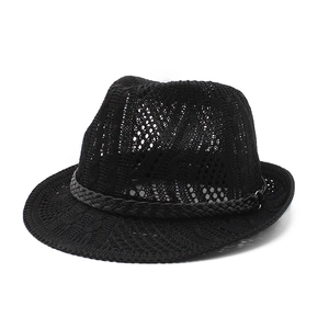 Hollow Out Knitted Fedora Hat Breathable Sun Protection Jazz Panama Cap With Braided Band For Men Women Summer Beach