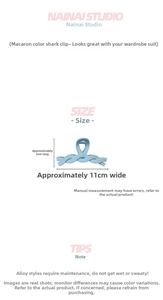 Detailed size view of macaron blue shark hair clip with dimensions 11cm by 5cm
