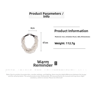 Detail specifications of multi-layer baroque pearl necklace with rhinestones and dimensions