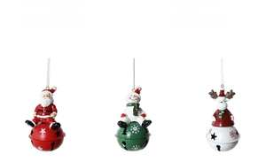 Detailed close-up of festive metal bell ornaments featuring Santa, Snowman and Reindeer